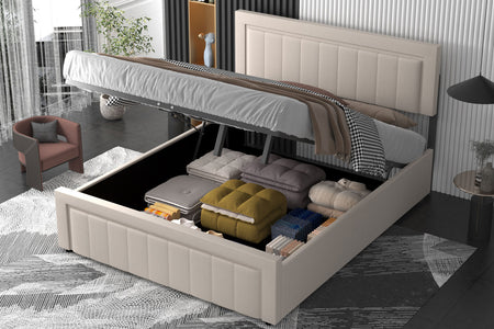 Letto contemporaneo con contenitore 140x190 cm in velluto beige NASHVILLE