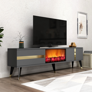 Mobile TV con camino LED 150 cm grigio antracite e dettagli dorati Suny vista 3/4