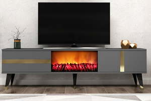 Mobile TV con camino LED 150 cm grigio antracite e dettagli dorati Suny vista frontale
