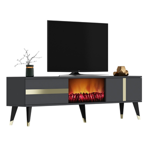 Mobile TV con camino LED 150 cm grigio antracite e dettagli dorati Suny packshot vista 3/4