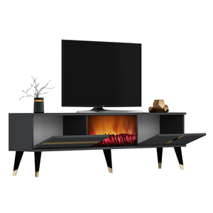 Mobile TV con camino LED 150 cm grigio antracite e dettagli dorati Suny packshot con ante aperte