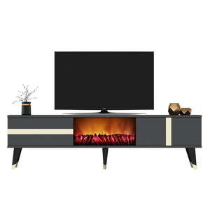 Mobile TV con camino LED 150 cm grigio antracite e dettagli dorati Suny packshot vista frontale