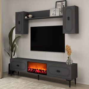 Set di mobile TV con mensole a parete e camino LED 150 cm grigio antracite vista 3/4