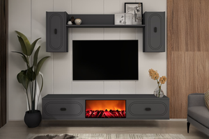 Set di mobile TV con mensole a parete e camino LED 150 cm grigio antracite vista frontale