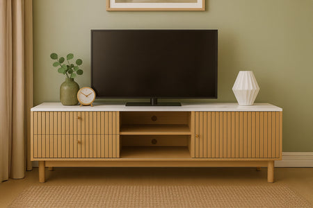 Mobile TV effetto legno e bianco con cassetti e anta 150 cm Trix foto ambientata