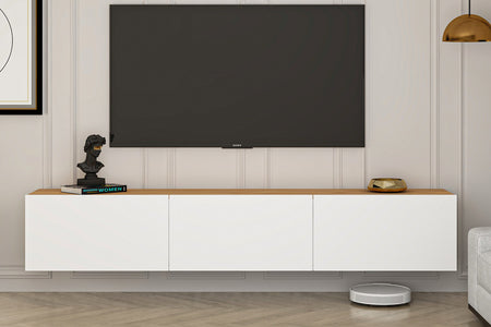Mobile TV sospeso con vani 150 cm bianco e legno Hal foto d'ambiente