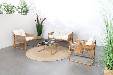 Salotto da giardino 4 posti effetto rattan rattan naturale e bianco Turini — foto ambientata