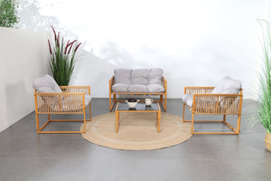 Salotto da giardino 4 posti effetto rattan rattan naturale e grigio chiaro Turini — foto ambientata