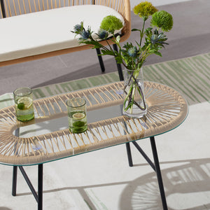 Set di mobili da giardino a 4 posti in rattan naturale con cuscini beige Tavolo Ravello zoom con piano in vetro temperato