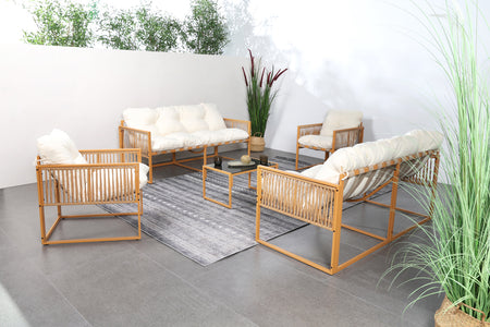 Salotto da giardino 8 posti effetto rattan rattan naturale e bianco Turini — foto ambientata