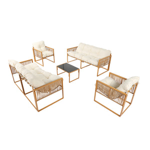 Salotto da giardino 8 posti effetto rattan rattan naturale e bianco Turini — packshot set completo