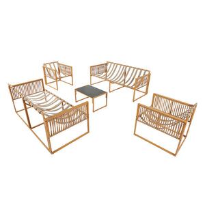 Salotto da giardino 8 posti effetto rattan rattan naturale e bianco Turini — packshot struttura completa