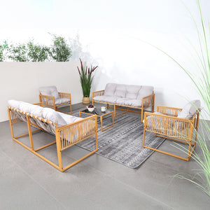 Salotto da giardino 8 posti effetto rattan rattan naturale e grigio chiaro Turini — set completo da esterno