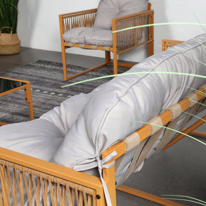 Salotto da giardino 8 posti effetto rattan rattan naturale e grigio chiaro Turini — cuscini spessi e comodi