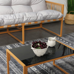 Salotto da giardino 8 posti effetto rattan rattan naturale e grigio chiaro Turini — tavolino con vetro temperato