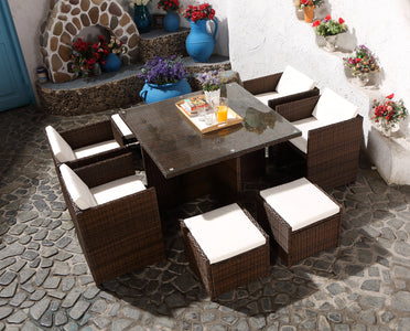 Set da giardino da incasso per 8 persone in resina intrecciata marrone e bianca