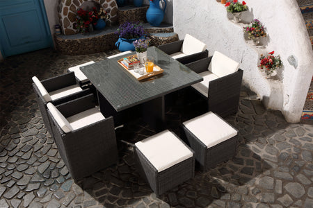 Set da giardino da incasso per 8 persone in resina intrecciata grigia e bianca