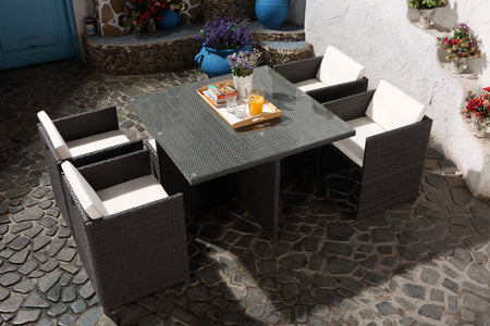 Set da giardino da incasso per 4 persone in resina intrecciata grigia e bianca