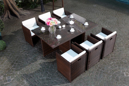 Set da giardino da incasso per 6 persone in resina intrecciata marrone e bianca