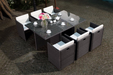 Set da giardino da incasso per 6 persone in resina intrecciata grigia e bianca