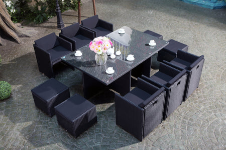 Set da giardino da incasso per 10 persone in resina intrecciata bianca e nera