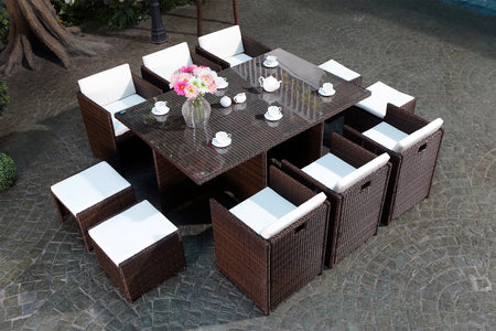 Set da giardino da incasso per 10 persone in resina intrecciata marrone e bianca