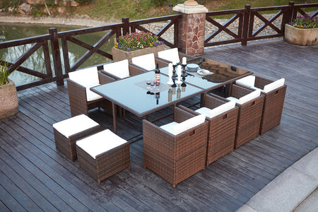 Set da giardino da incasso per 12 persone in resina intrecciata marrone e bianca