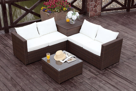 Set da giardino per 4 posti in resina intrecciata con scatola incorporata Sillang marrone e bianco