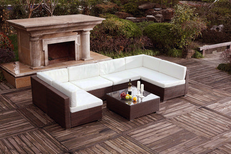 Set da giardino grande in resina intrecciata per 6 persone marroni e bianche