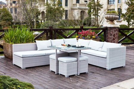 Set da giardino da incasso in resina intrecciata grigio e bianco per 10 persone