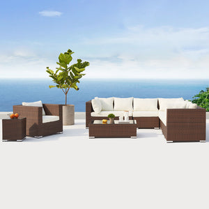 Set da giardino panoramico di 8 posti in resina intrecciata marrone e bianco Salerne