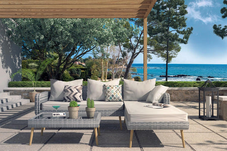 Salotto da giardino stile scandinavo a 4 posti in resina intrecciata grigia Vicky