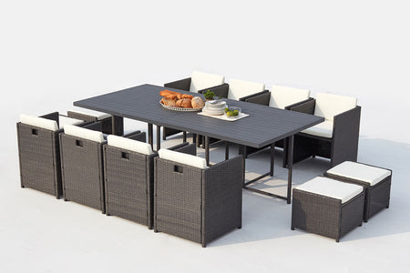 Set da giardino da incasso di 12 posti in resina intrecciata grigio e bianco Sunset 12 su sfondo bianco