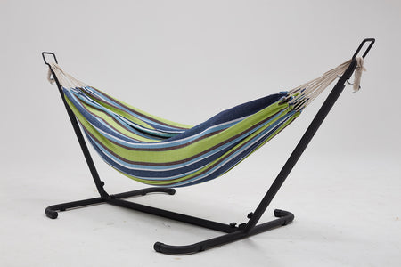 Amaca con tela in tessuto e supporto di 2,6 m su sfondo bianco Blu e verde