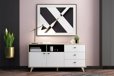 Credenza in legno naturale: 2 armadi e 3 cassetti