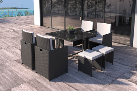 Set da giardino 8 posti in resina intrecciata nero e bianco