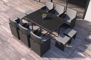 Set da giardino di 10 quadrati in resina intrecciata Nero e grigio