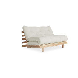 Panca in legno con materasso futon beige naturale 140 cm sobre fondo blanco Roots