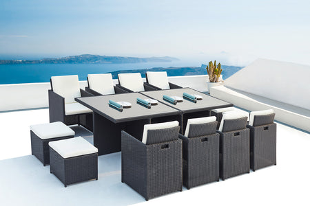 Set da giardino da incasso 12 posti in resina intrecciata bianca e nera