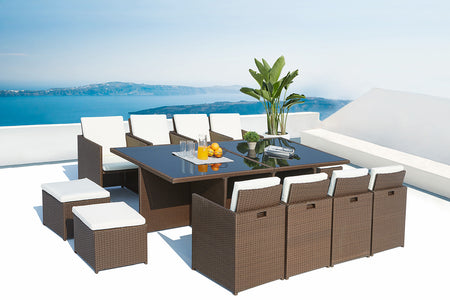 Set da giardino da incasso 12 posti in resina intrecciata Marrone e bianco
