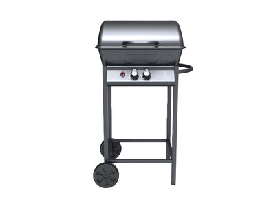 Barbecue a gas con 2 fuochi + utensili su sfondo bianco