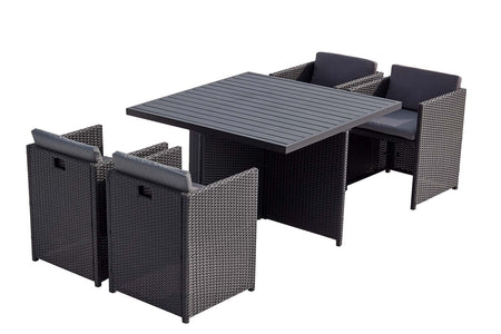 Set da giardino da incasso di 4 posti in resina intrecciata nero e grigio Sunset 4 sobre fondo blanco